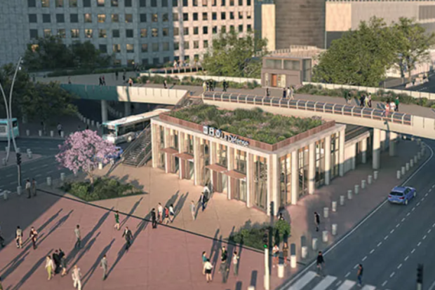 Perspective architecturale du futur bâtiment de la gare de la Défense du Grand Paris Express